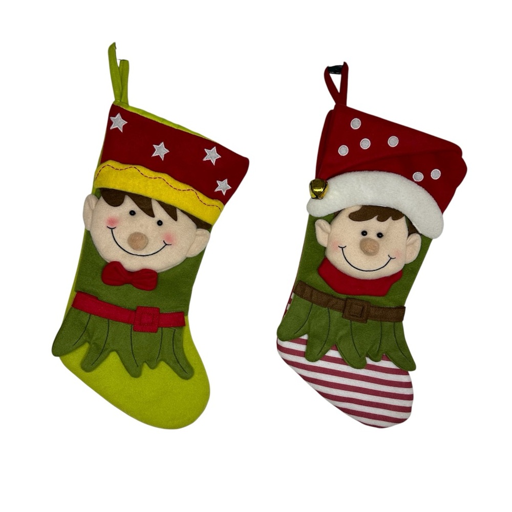 Toys R Us Set Of 2 Felt Multicolor Christmas 3D  Elf's Stocking